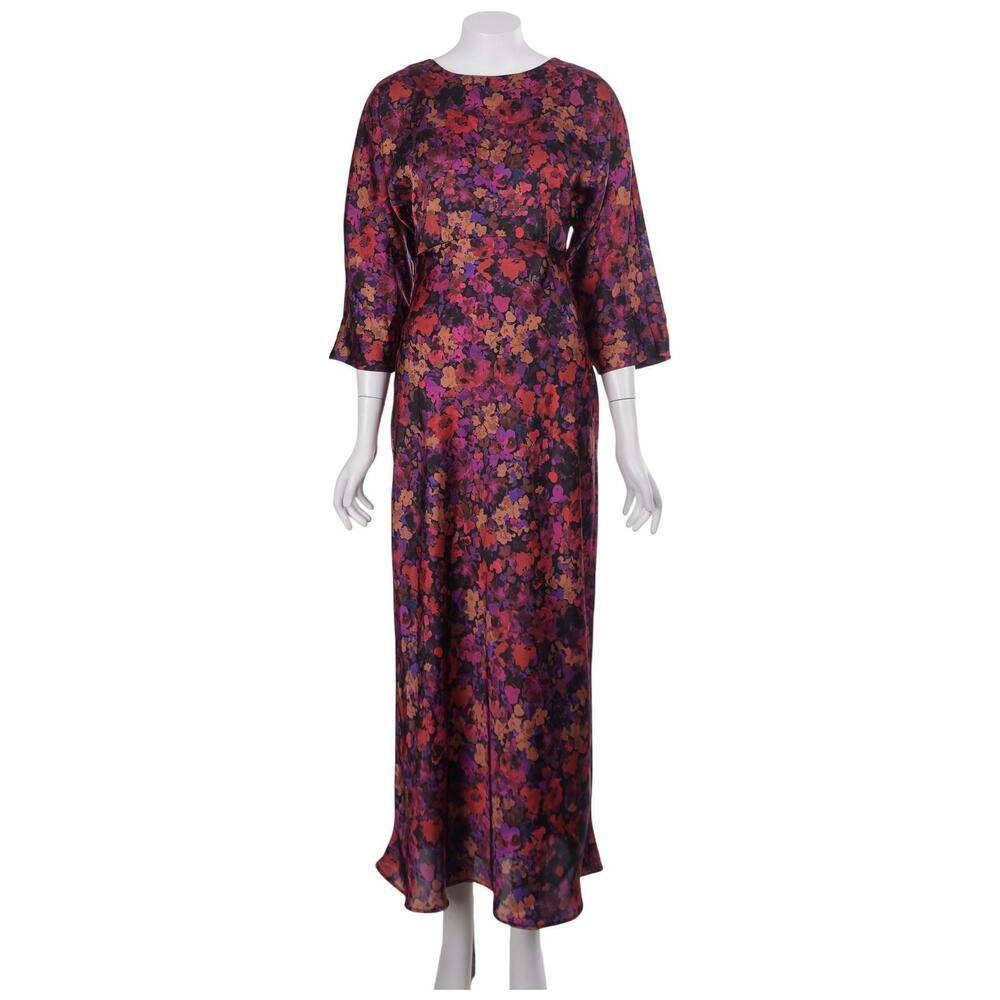 NWT ZARA Dress XS Abstract Floral Print Satin 3/4 Sleeve Midi Party Cocktail